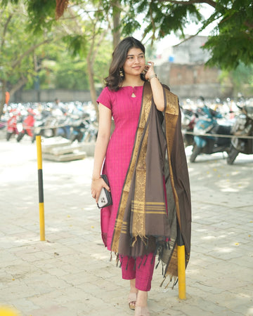 Kurti In Cotton Rib Raw Silk With Subtle Gold Suit Set