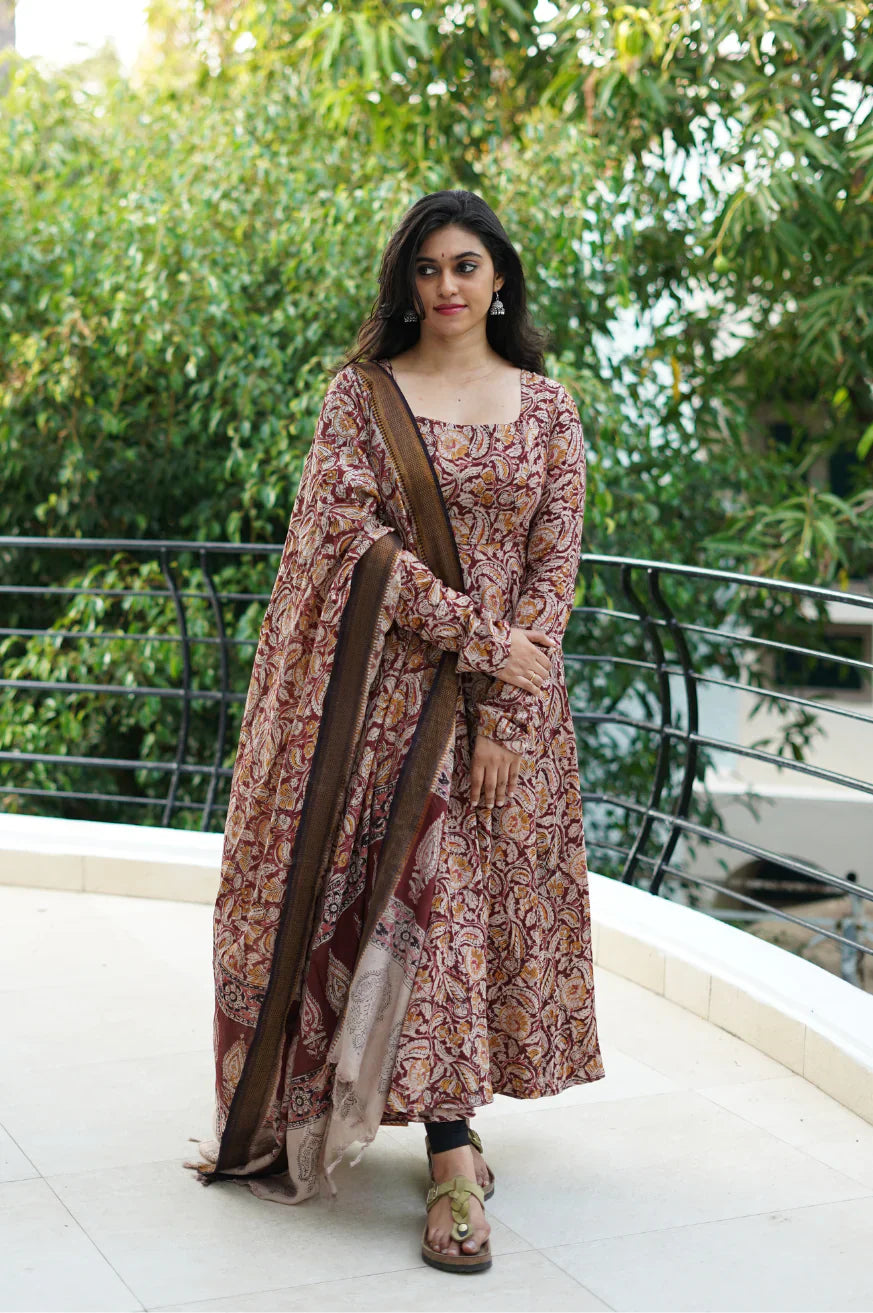 Devaki hand-painted Kalamkari Anarkali with Silk Dupatta