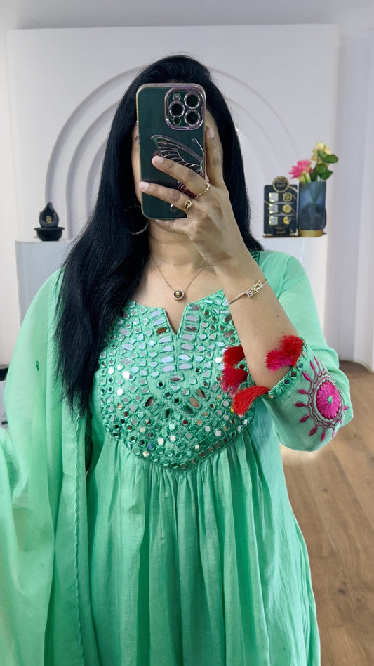 Sea Green Mul Chanderi Mirrors Handwork Suit Set