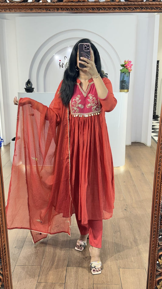 Burnt Orange MulChanderi Handworked Suit Set