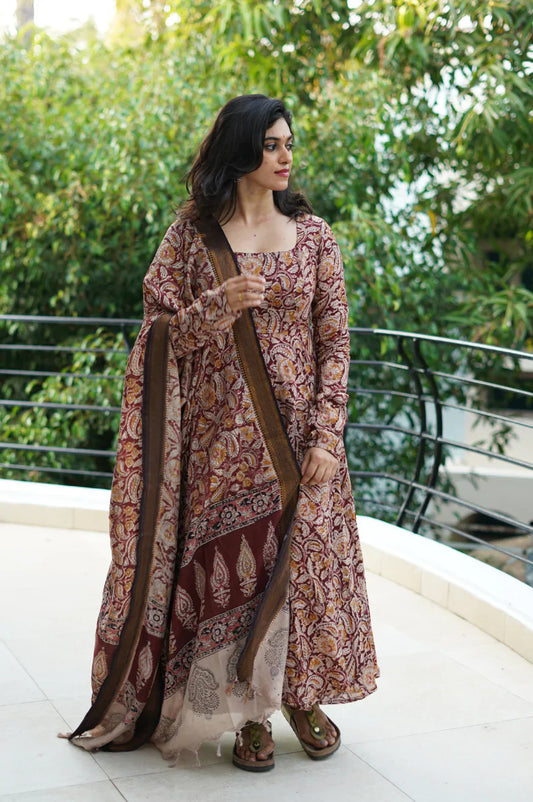 Devaki hand-painted Kalamkari Anarkali with Silk Dupatta