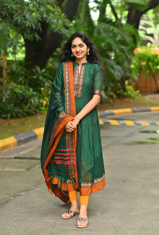 Elephant design woven reference handloom Anarkali kurti with a striking