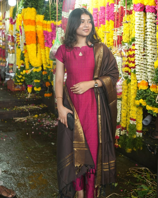 Kurti In Cotton Rib Raw Silk With Subtle Gold Suit Set