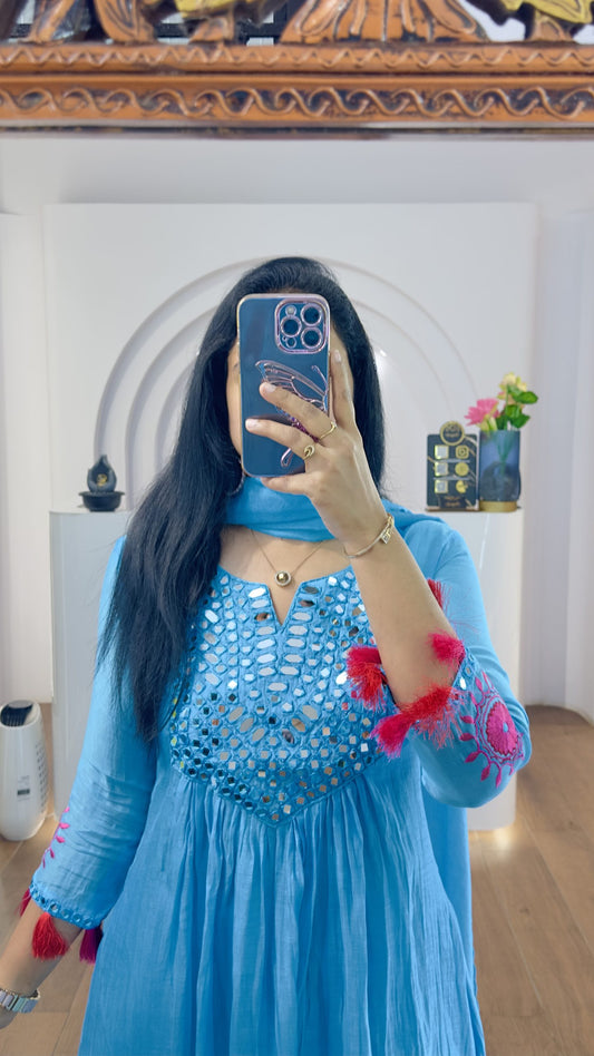 Sky Blue Mul Chanderi Mirrors Handwork Suit Set